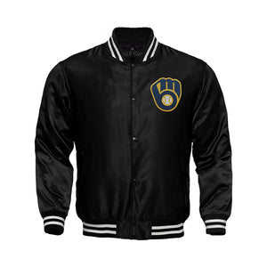 Milwaukee Brewers Starter Locker Room Satin Varsity Full-Snap Jacket – Black