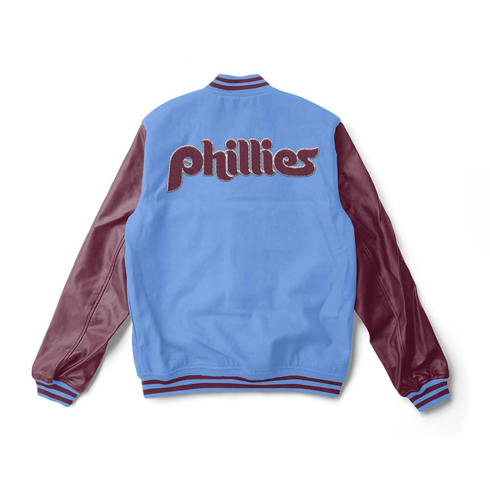 Philadelphia Phillies Sky Blue and Maroon Varsity Jacket - MLB Varsity Jacket - Clubs Varsity
